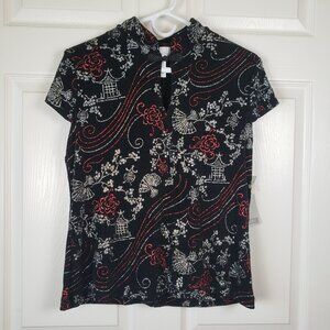 Vintage y2K Deadstock NWT Glittery Asian Print Cap Sleeve Black top Size L